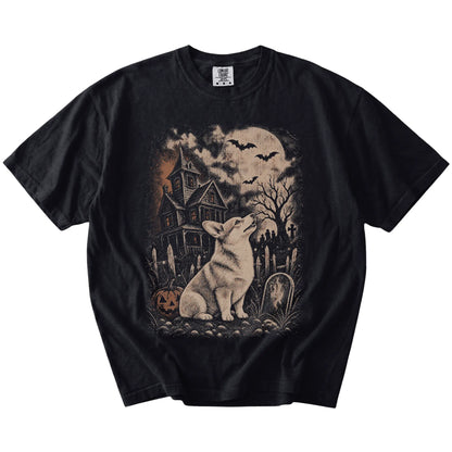 Corgi in a vintage haunted-house scene on a Black Comfort Colors® T-shirt