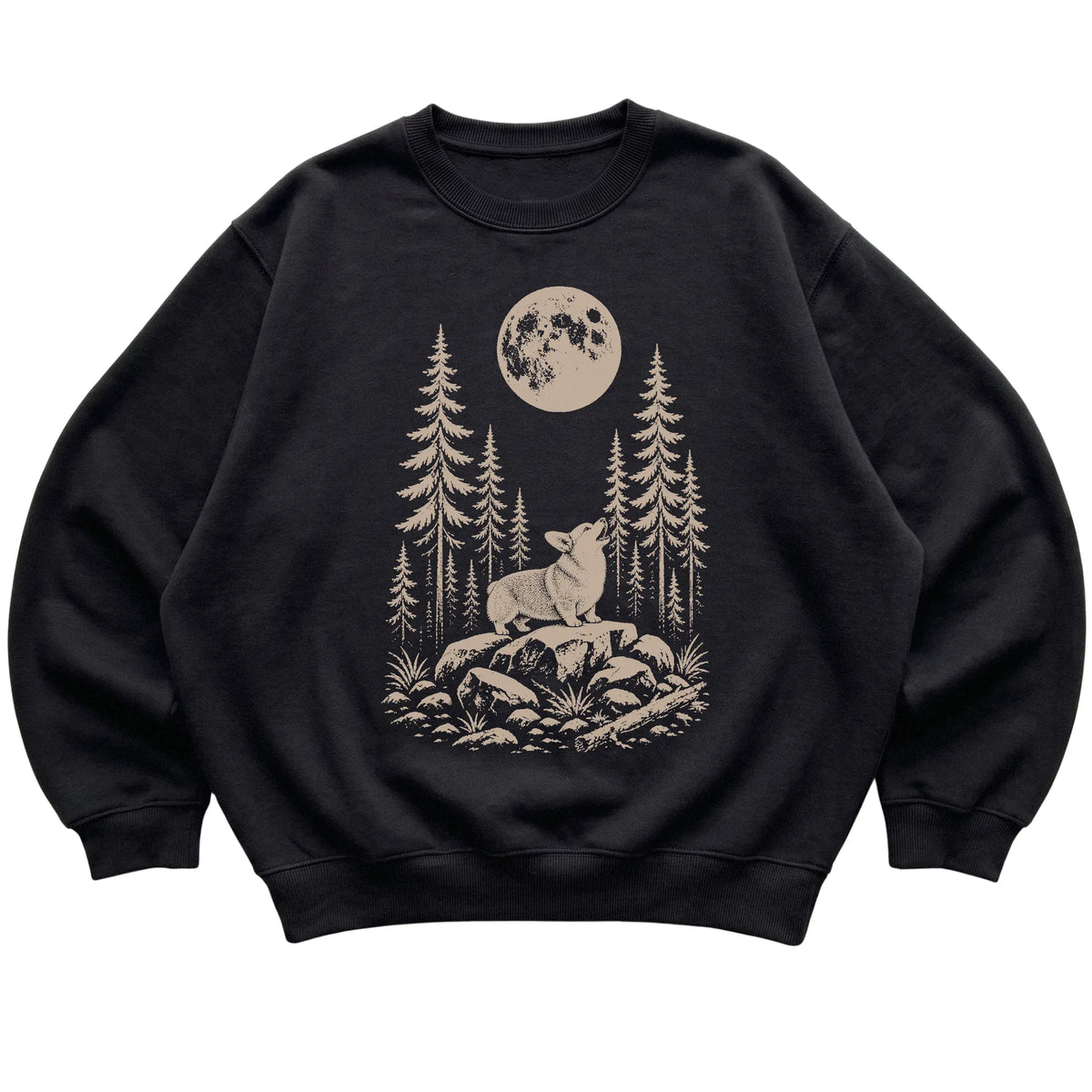 Corgi Howling at the Moon crewneck sweatshirt in Black