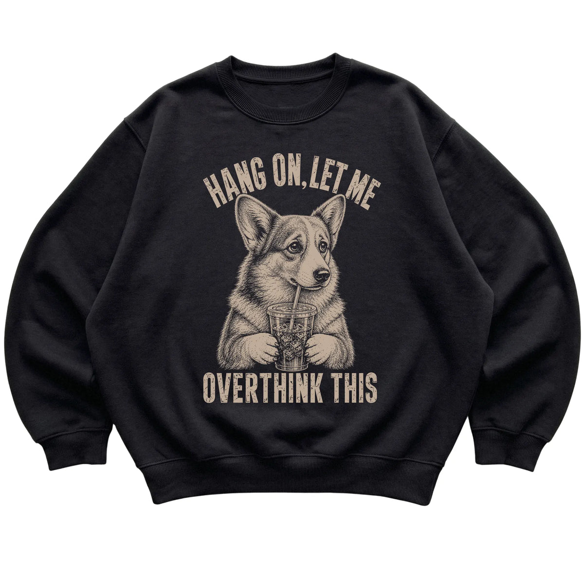Black crewneck sweatshirt featuring Overthinking Corgi, laid-flat presentation