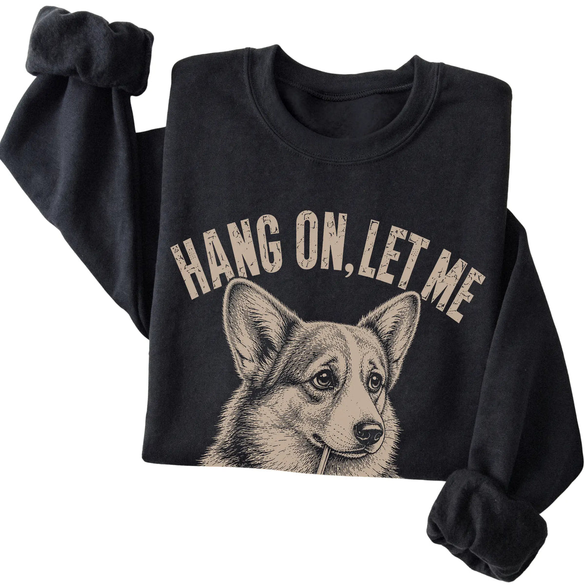 Black crewneck sweatshirt featuring Overthinking Corgi, folded presentation
