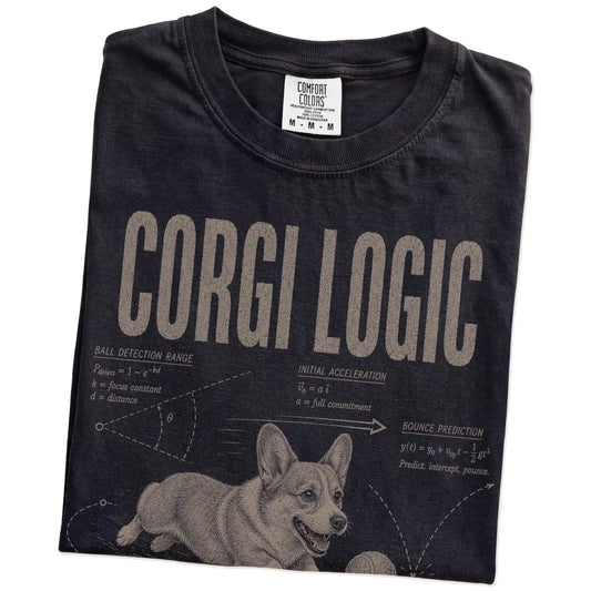 Folded Black Corgi Logic T-Shirt showing the graphic
