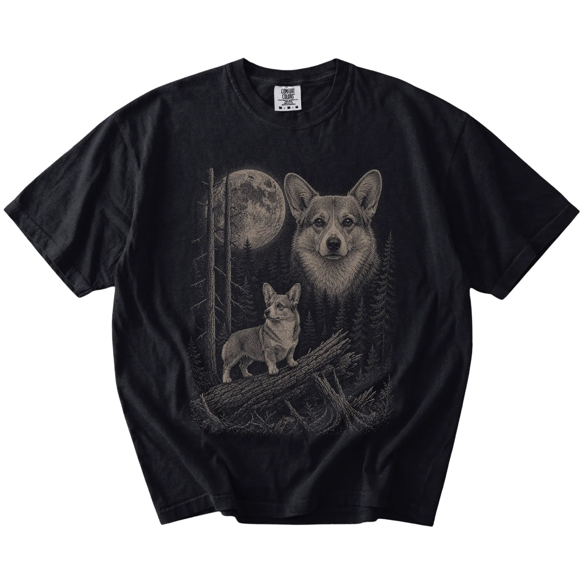 Black Corgi Moonlit Forest T-Shirt laid flat