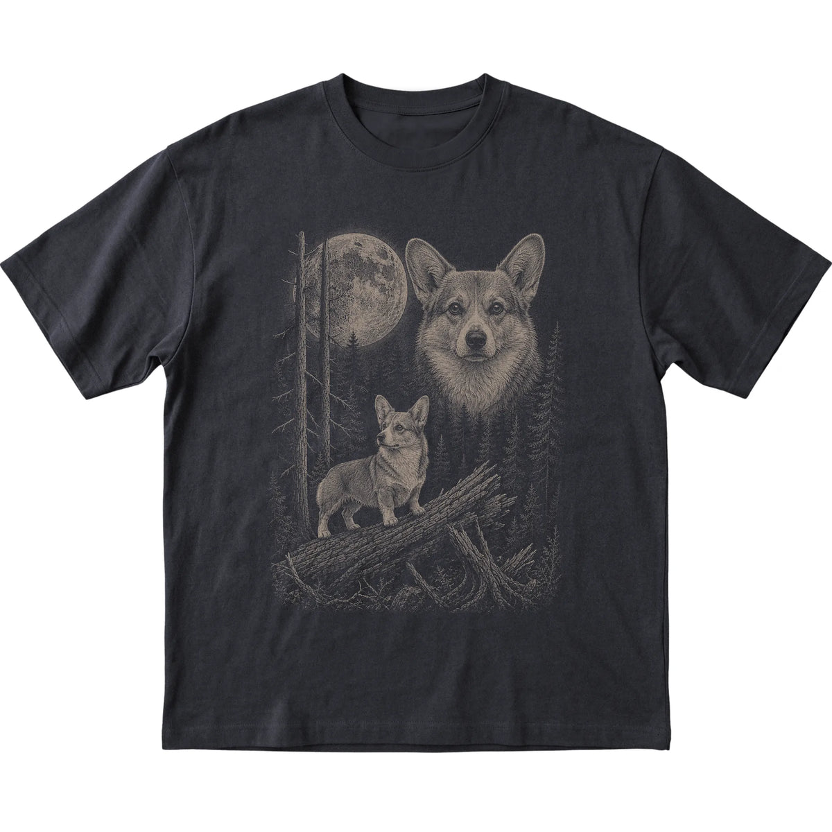 Corgi Moonlit Forest graphic on a black Softstyle T-shirt laid flat