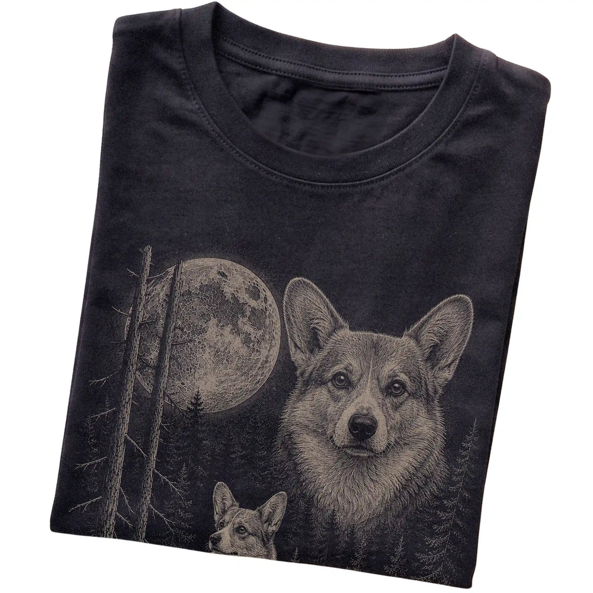 Folded black Softstyle T-shirt showing the Corgi Moonlit Forest graphic
