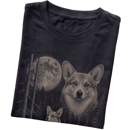 Folded black Softstyle T-shirt showing the Corgi Moonlit Forest graphic