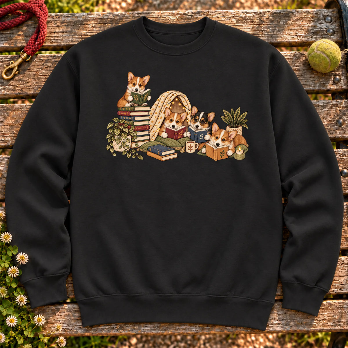 Corgi puppies reading books in a cozy blanket fort on a Black sweatshirt