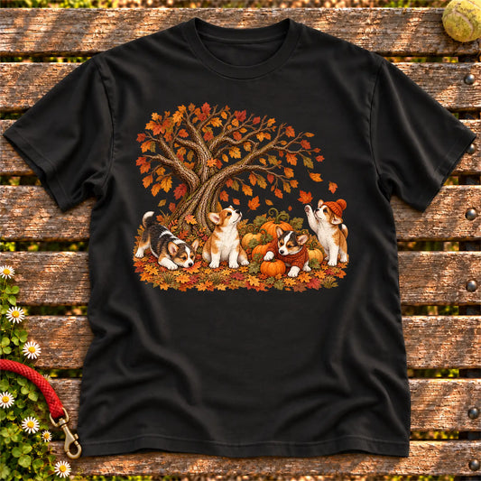 Four Corgi puppies with pumpkins beneath an autumn tree on a Black softstyle T-shirt
