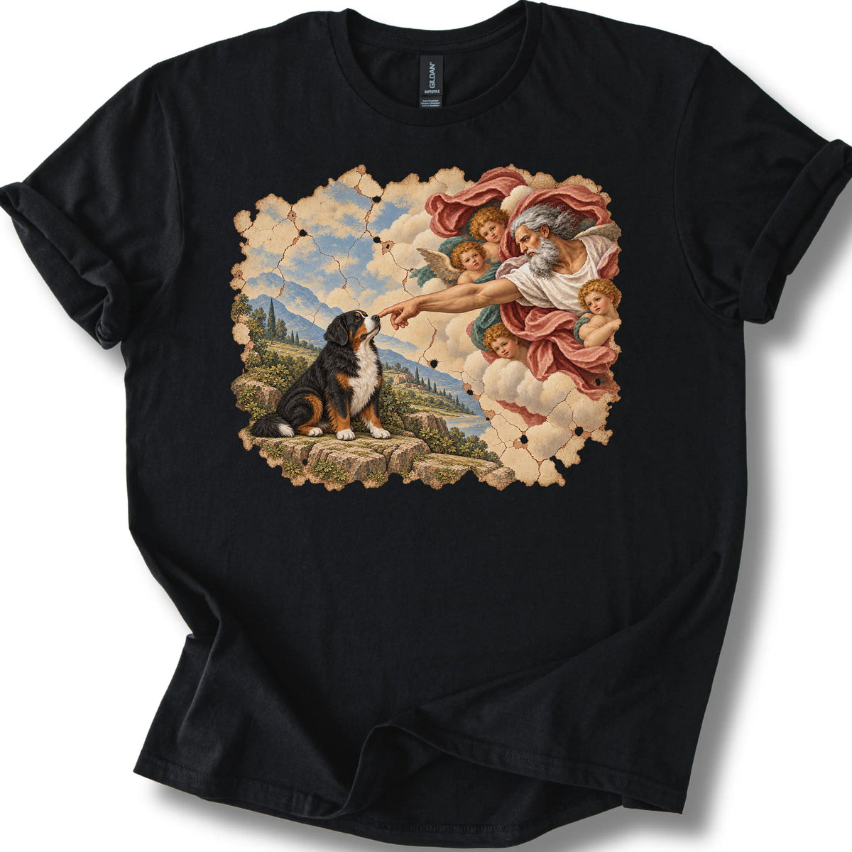 Bernese Mountain Dog Creation of Adam design on a black T-shirt
