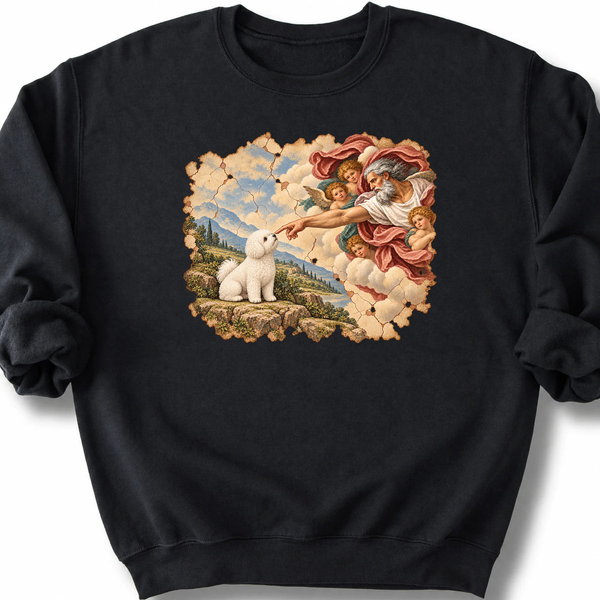 Bichon Frise Creation of Adam design on a black sweatshirt