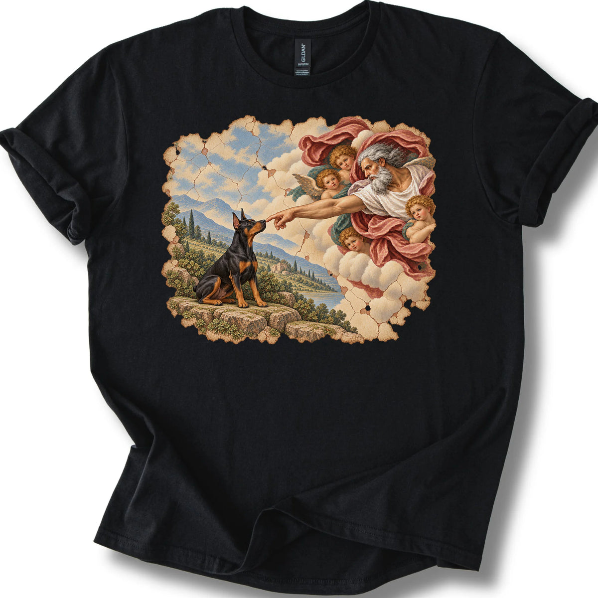 Doberman Creation of Adam design on a black T-shirt