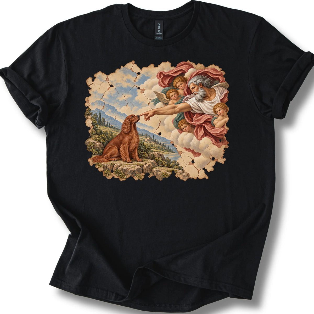 Irish Setter Creation of Adam design on a black T-shirt