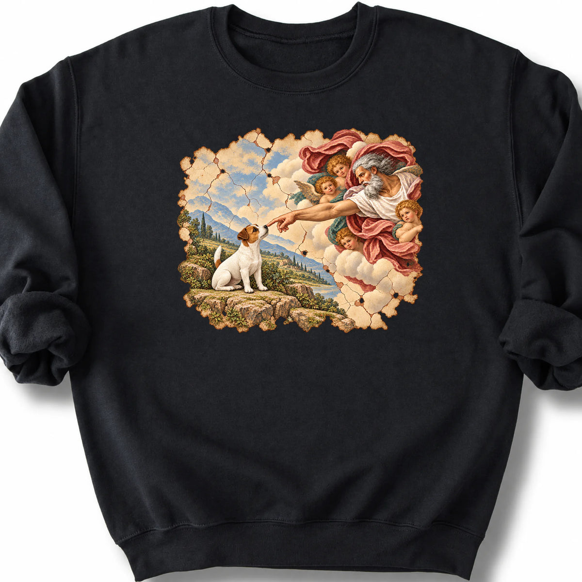 Jack Russell Creation of Adam design on a black sweatshirt