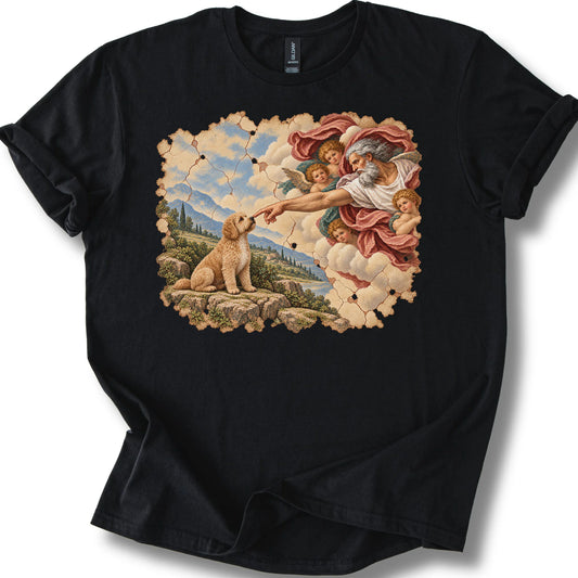 Labradoodle Creation of Adam design on a black T-shirt