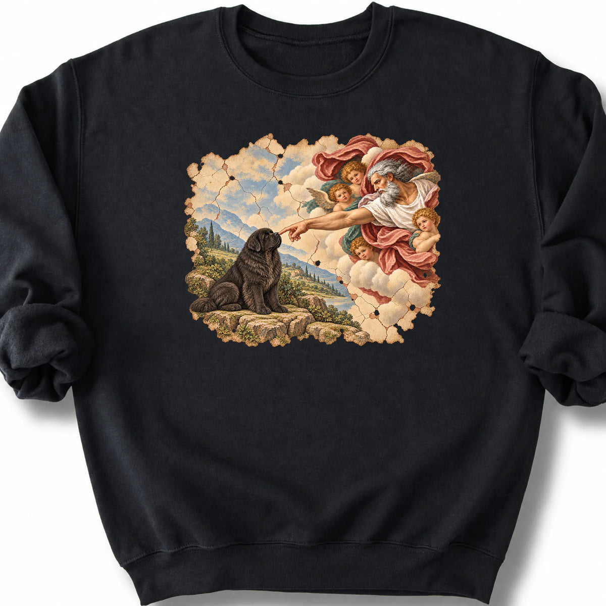 Newfie Creation of Adam design on a black sweatshirt