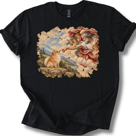 Pomeranian Creation of Adam design on a black T-shirt