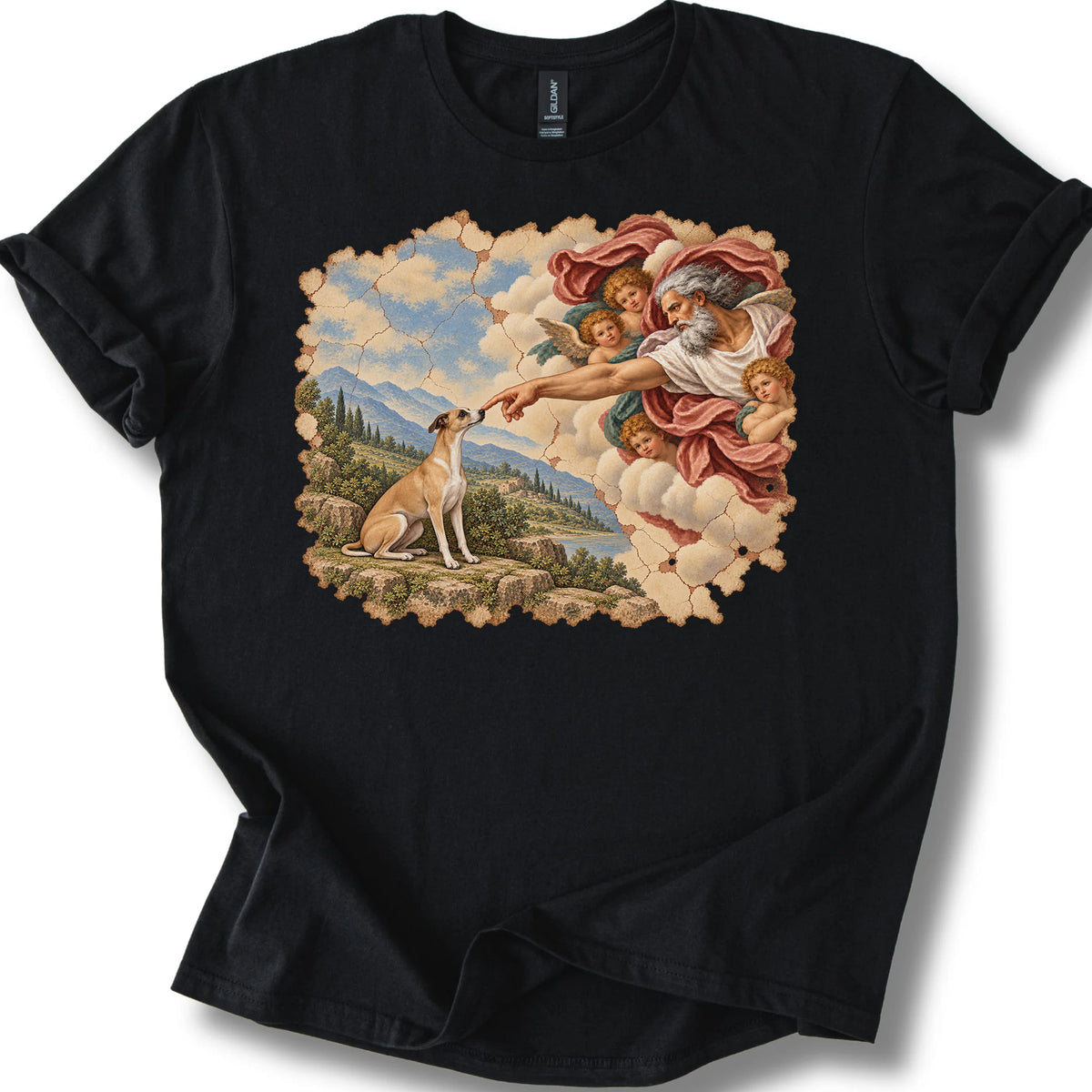 Whippet Creation of Adam design on a black T-shirt