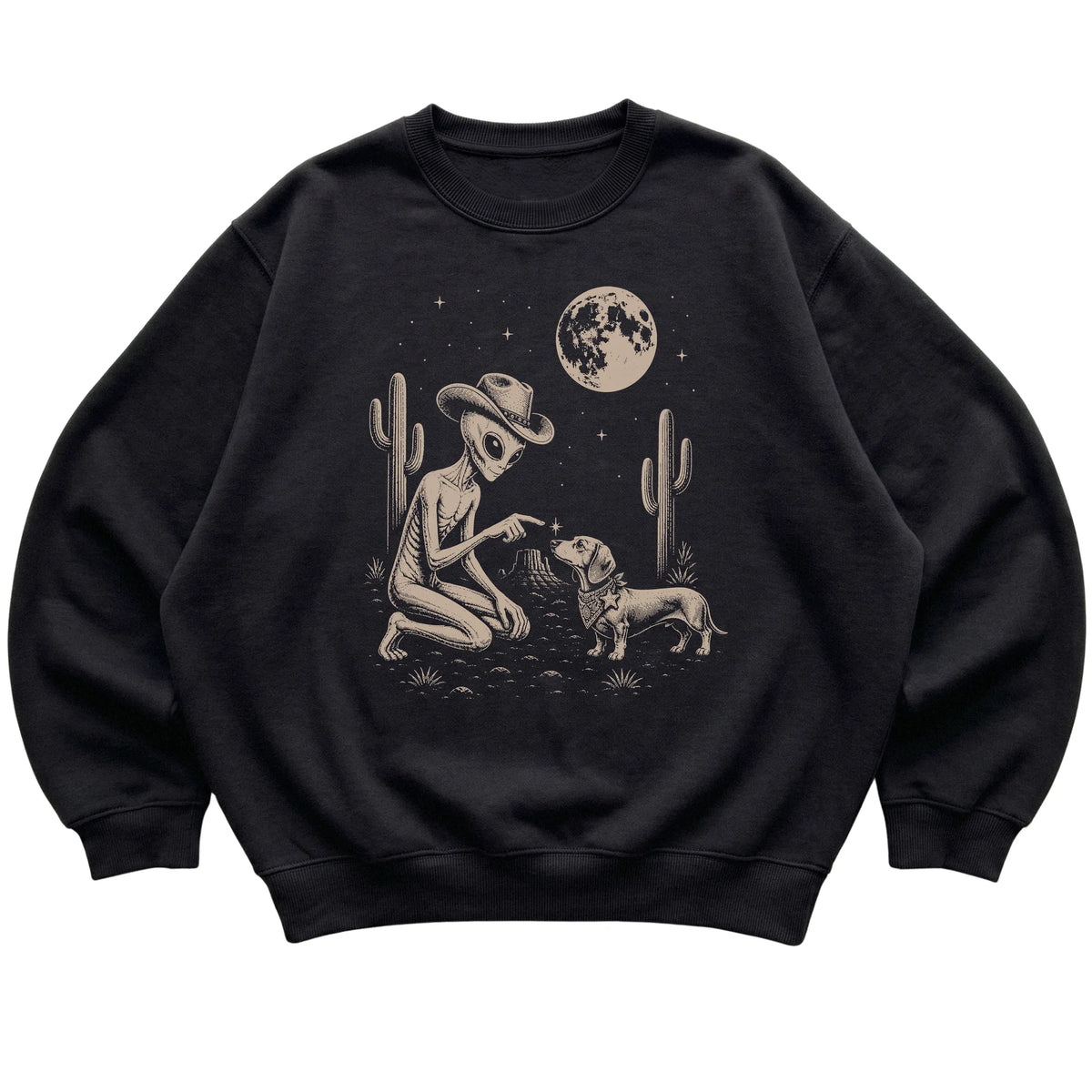 Black crewneck sweatshirt featuring Dachshund Cowboy and Alien, laid-flat presentation