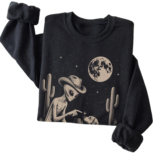 Black crewneck sweatshirt featuring Dachshund Cowboy and Alien, folded presentation