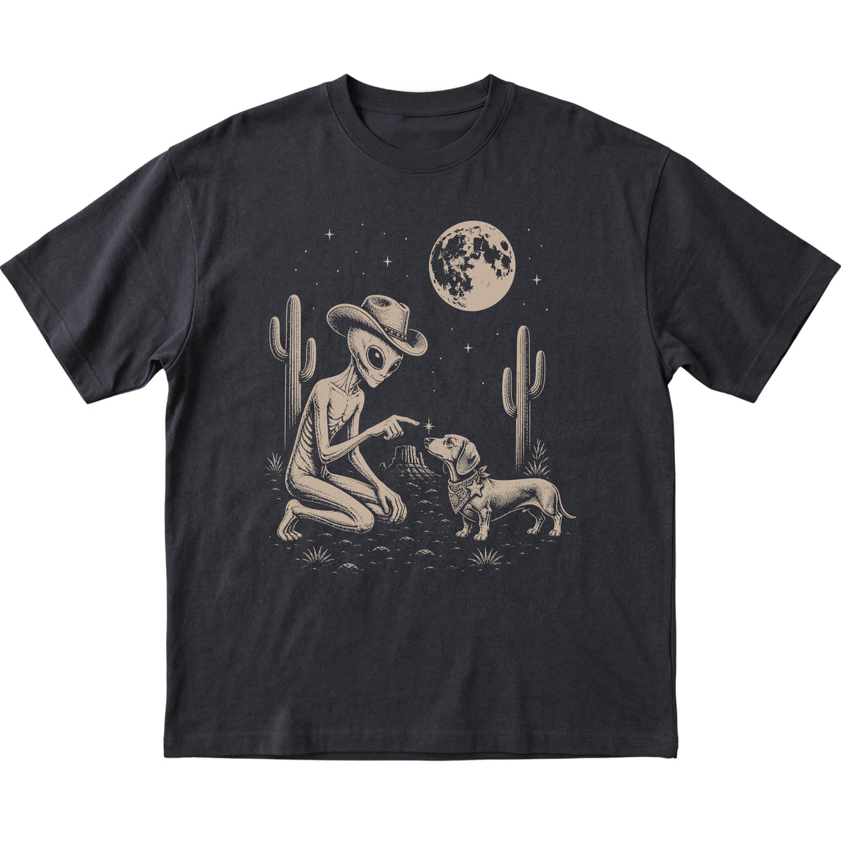 Black T-shirt featuring Dachshund Cowboy and Alien, laid-flat presentation