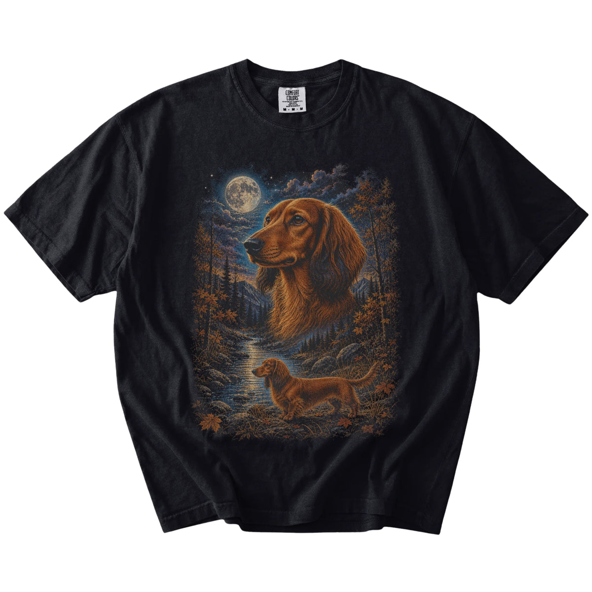 black T-shirt with Dachshund Autumn Moon artwork.