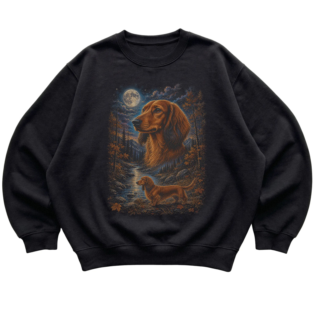 black sweatshirt with Dachshund Autumn Moon artwork.