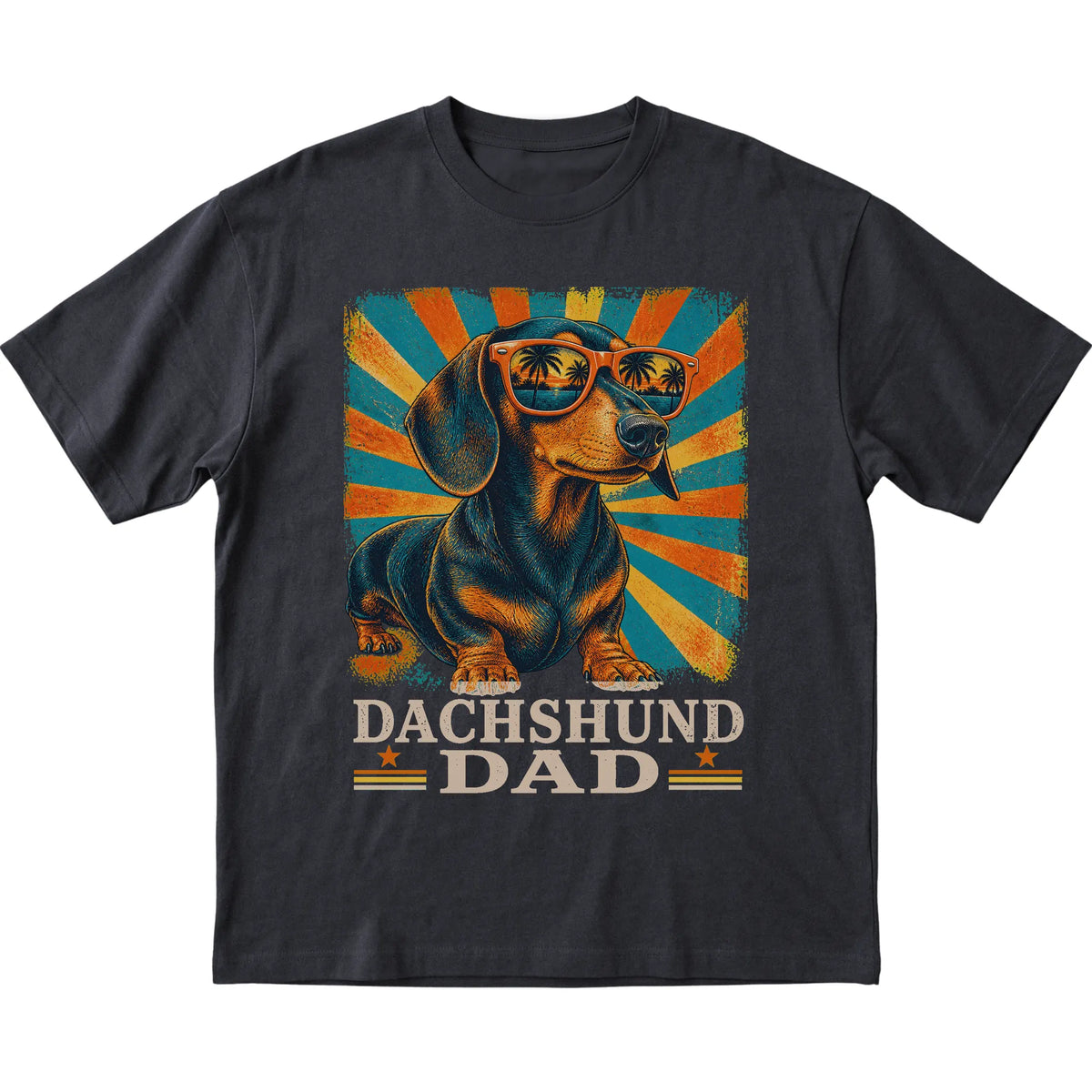 Black Softstyle T-shirt featuring retro Dachshund Dad artwork — full front
