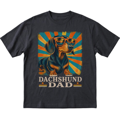 Black Softstyle T-shirt featuring retro Dachshund Dad artwork — full front