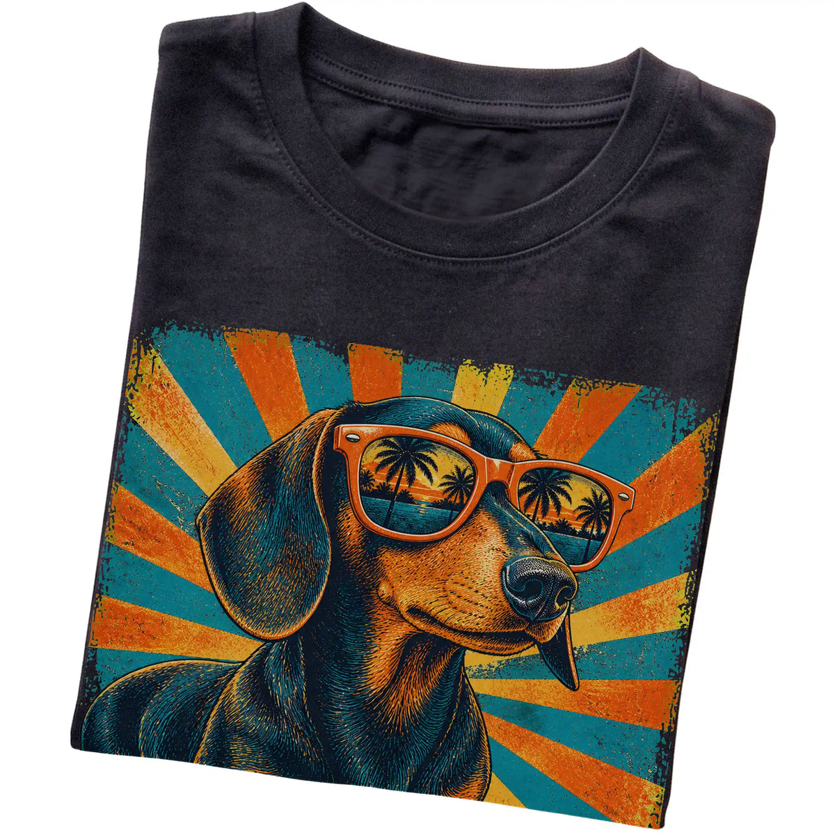 Black Softstyle T-shirt featuring retro Dachshund Dad artwork — folded detail