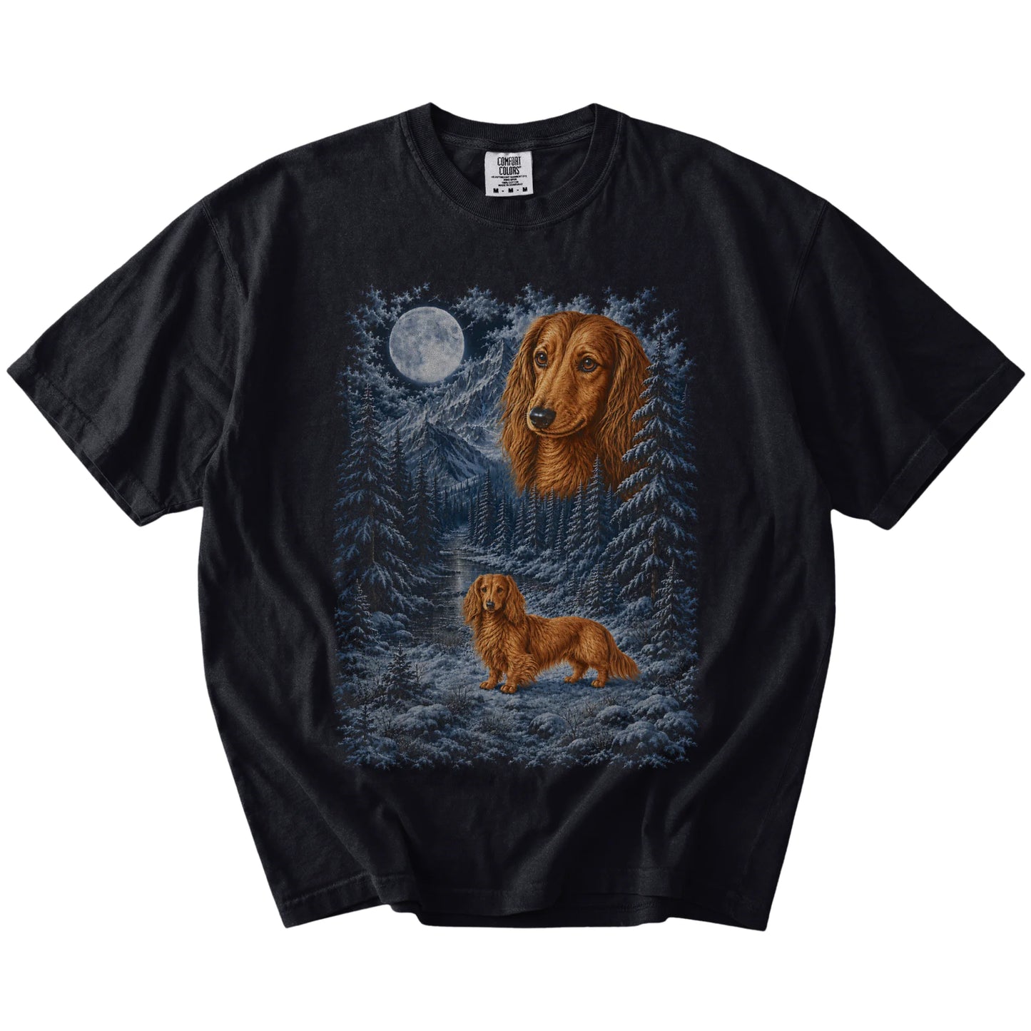 Dachshund in a snowy winter forest on a Black t-shirt