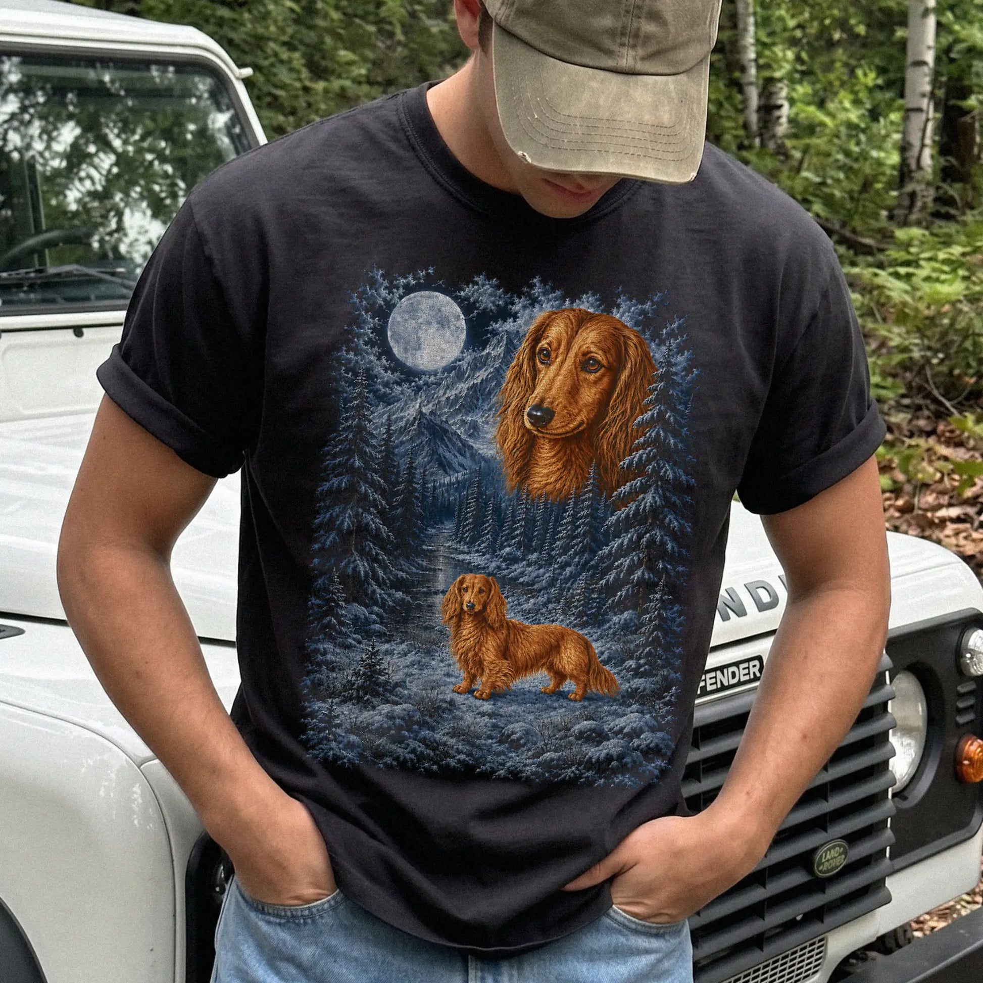 Person wearing a Black Dachshund winter forest t-shirt