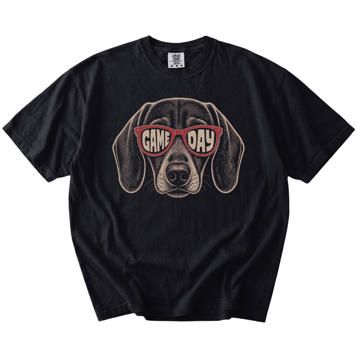 Dachshund wearing red Game Day sunglasses on a Black Comfort Colors® T-shirt