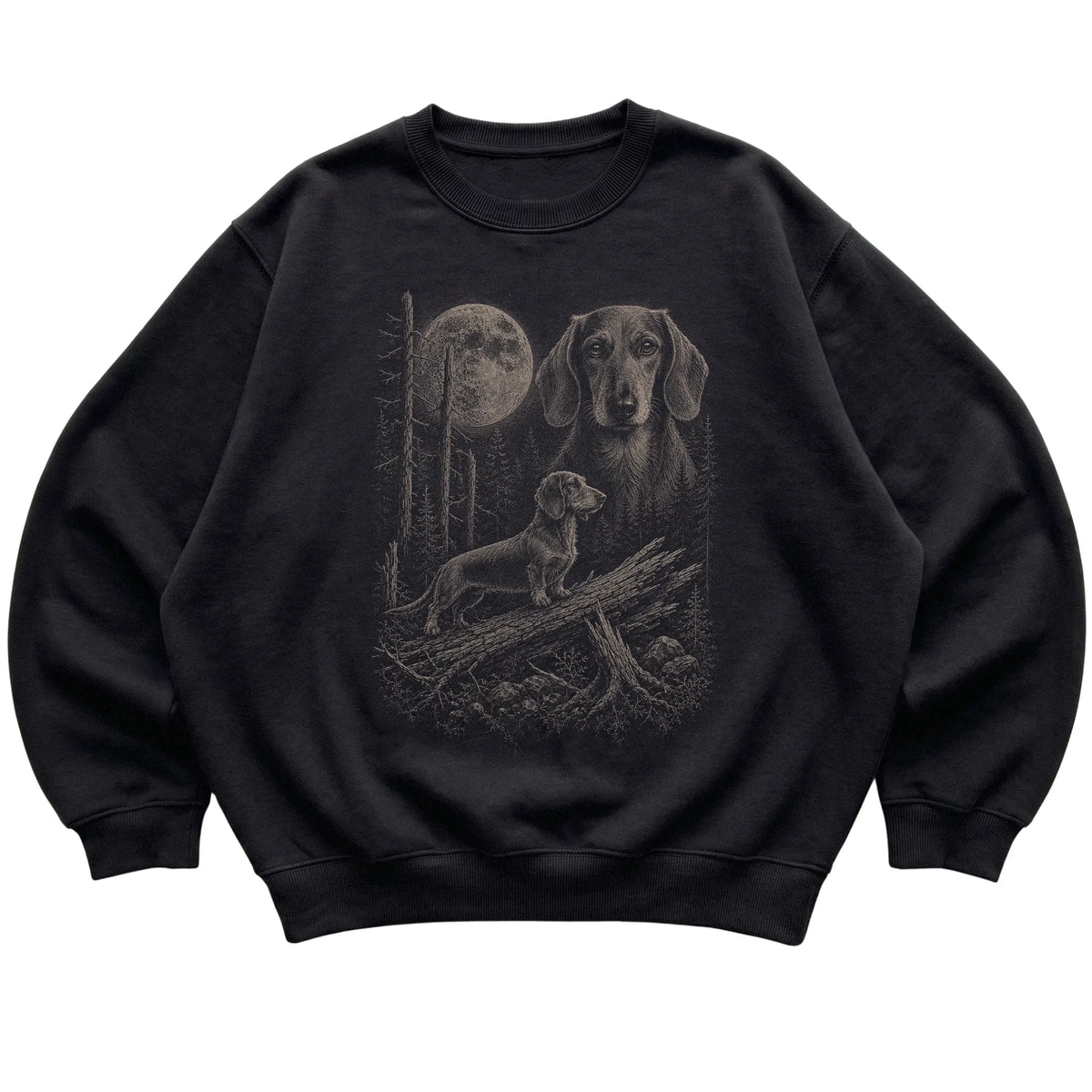 Dachshund Moonlit Forest graphic on a black crewneck sweatshirt laid flat