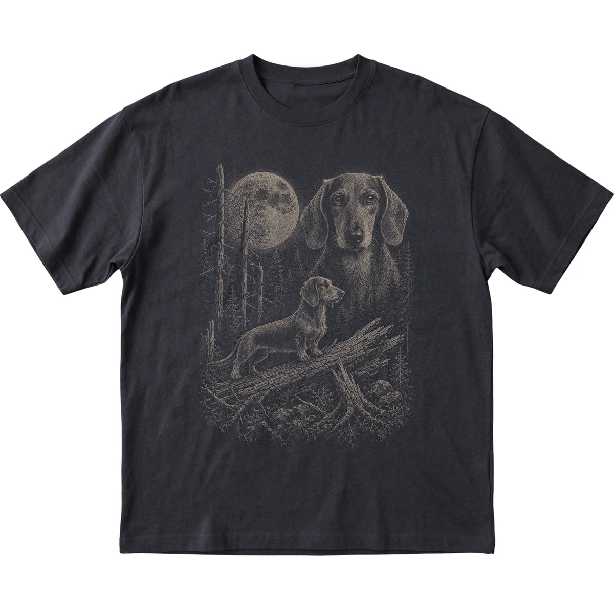 Dachshund Moonlit Forest graphic on a black Softstyle T-shirt laid flat