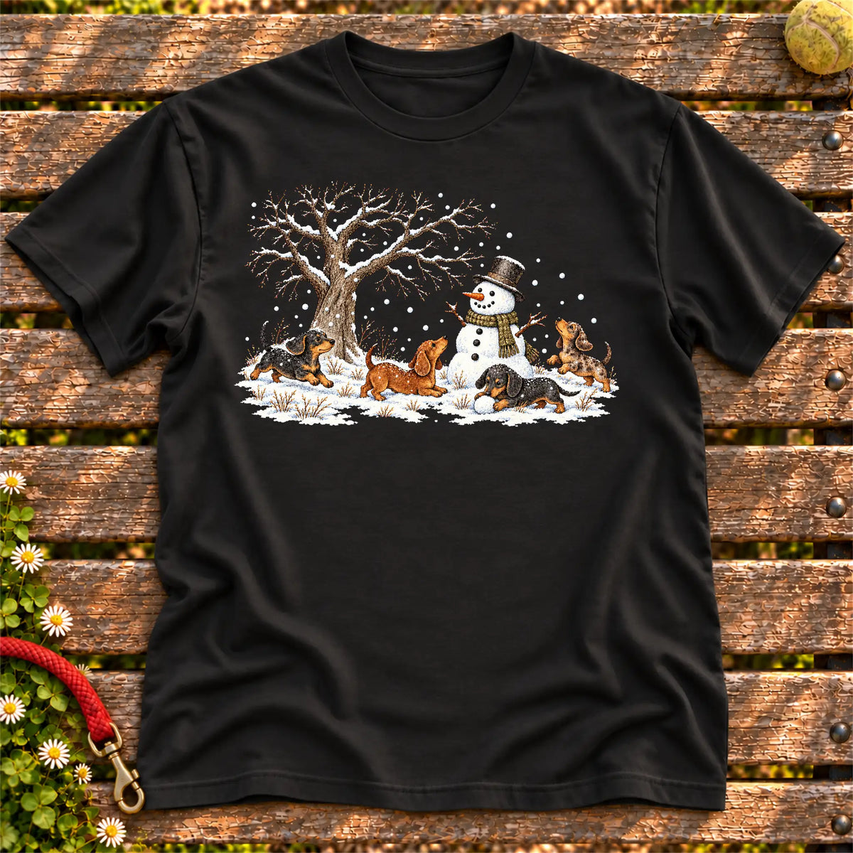 Dachshund puppies playing in snow with a snowman on a Black T-shirt