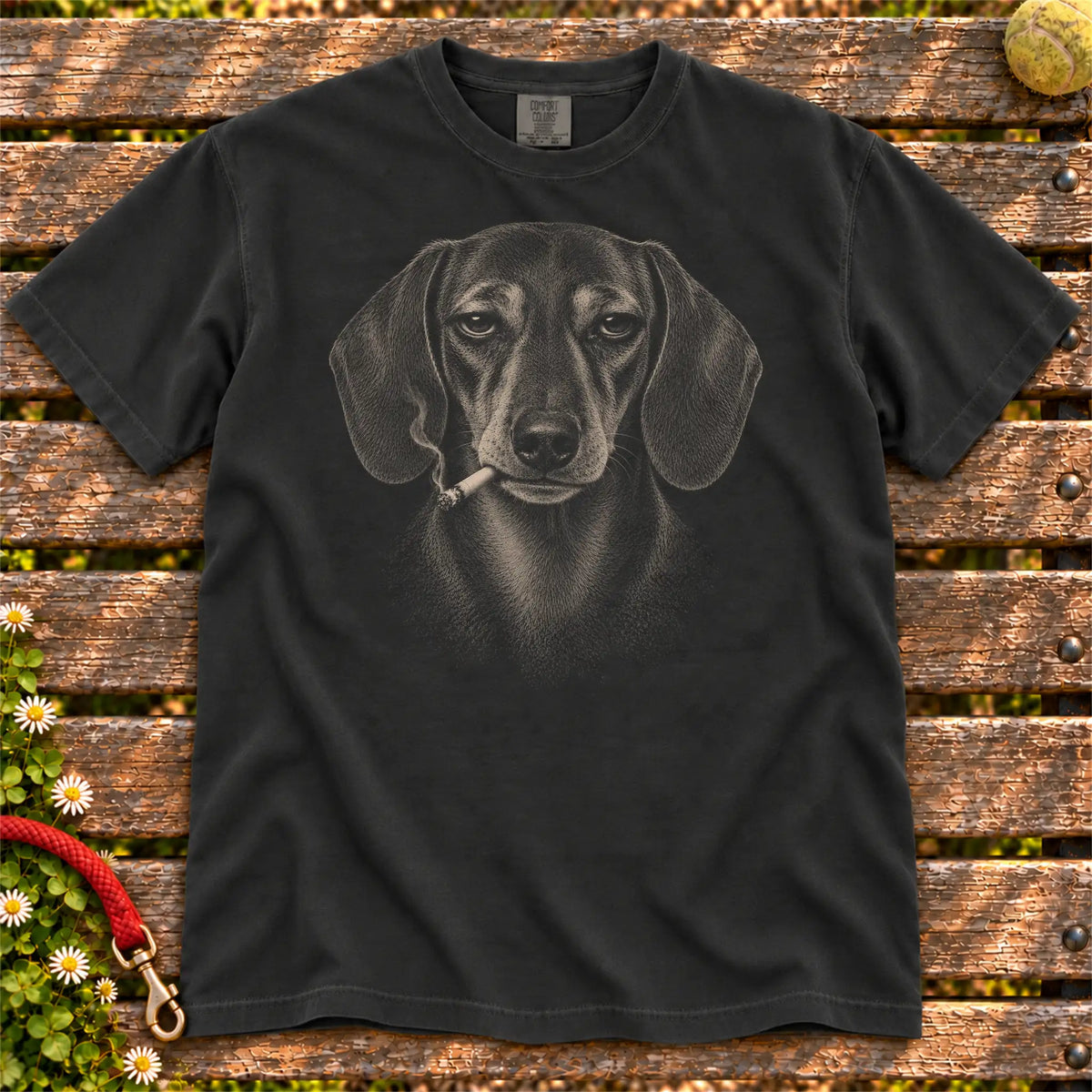 Dachshund smoking design on a Black t-shirt