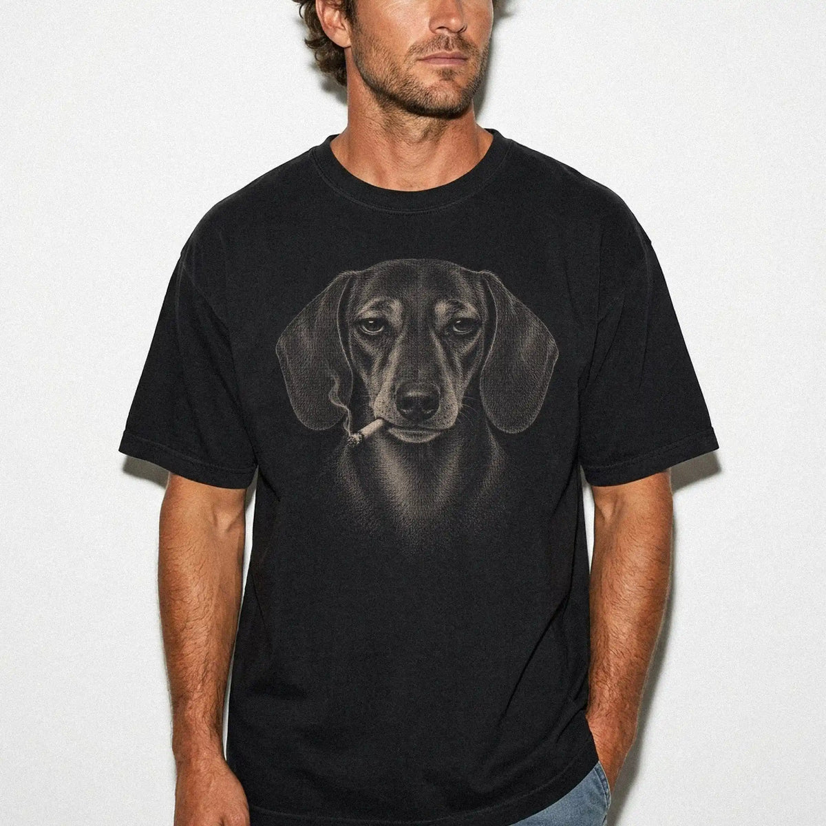 Model wearing a Dachshund smoking design on a Black t-shirt