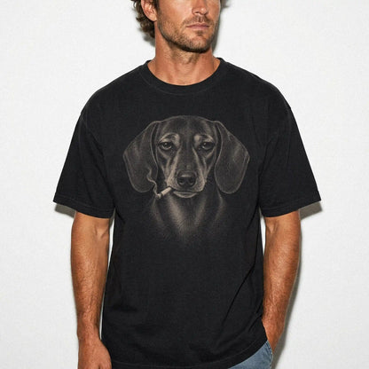 Model wearing a Dachshund smoking design on a Black t-shirt
