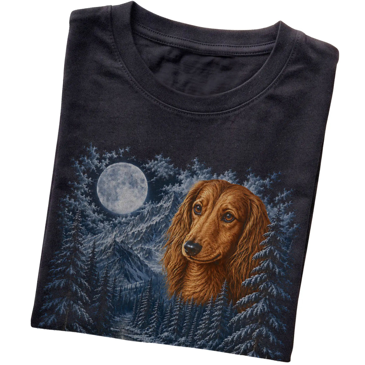 Folded black T-shirt with Dachshund Winter Moon artwork.