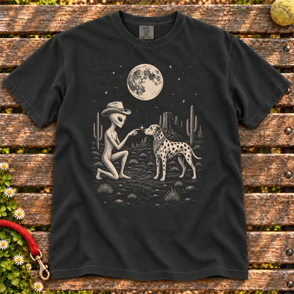 Dalmatian Cowboy and Alien on a Black T-shirt, shown flat