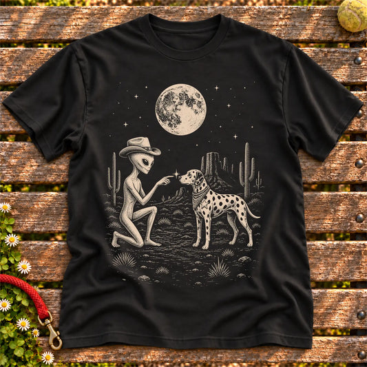 Dalmatian Cowboy and Alien on a Black T-shirt, shown flat