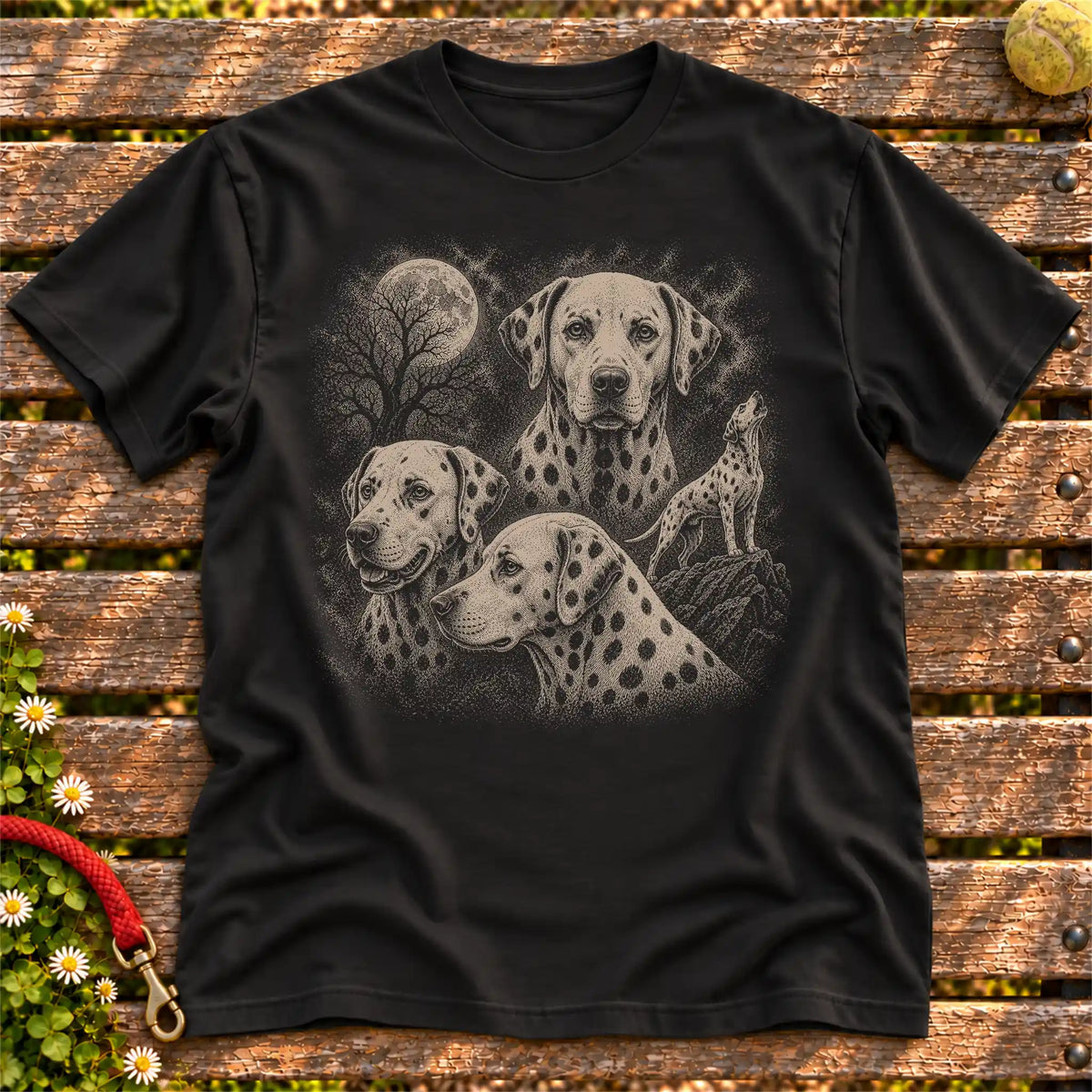 Dalmatian 90s Moon design on a Black T-shirt shown flat