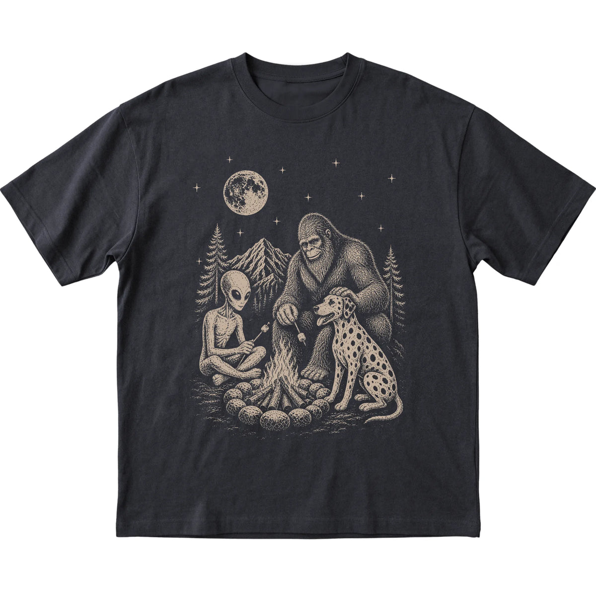 Black Dalmatian Camping with Bigfoot and Alien shirt laid flat