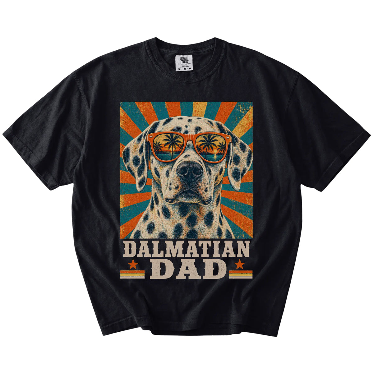 Retro Dalmatian Dad design on a Black Comfort Colors T-shirt