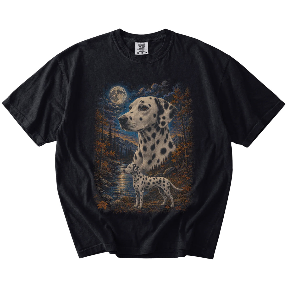 Dalmatian in a moonlit fall forest scene on a Black Comfort Colors® t-shirt