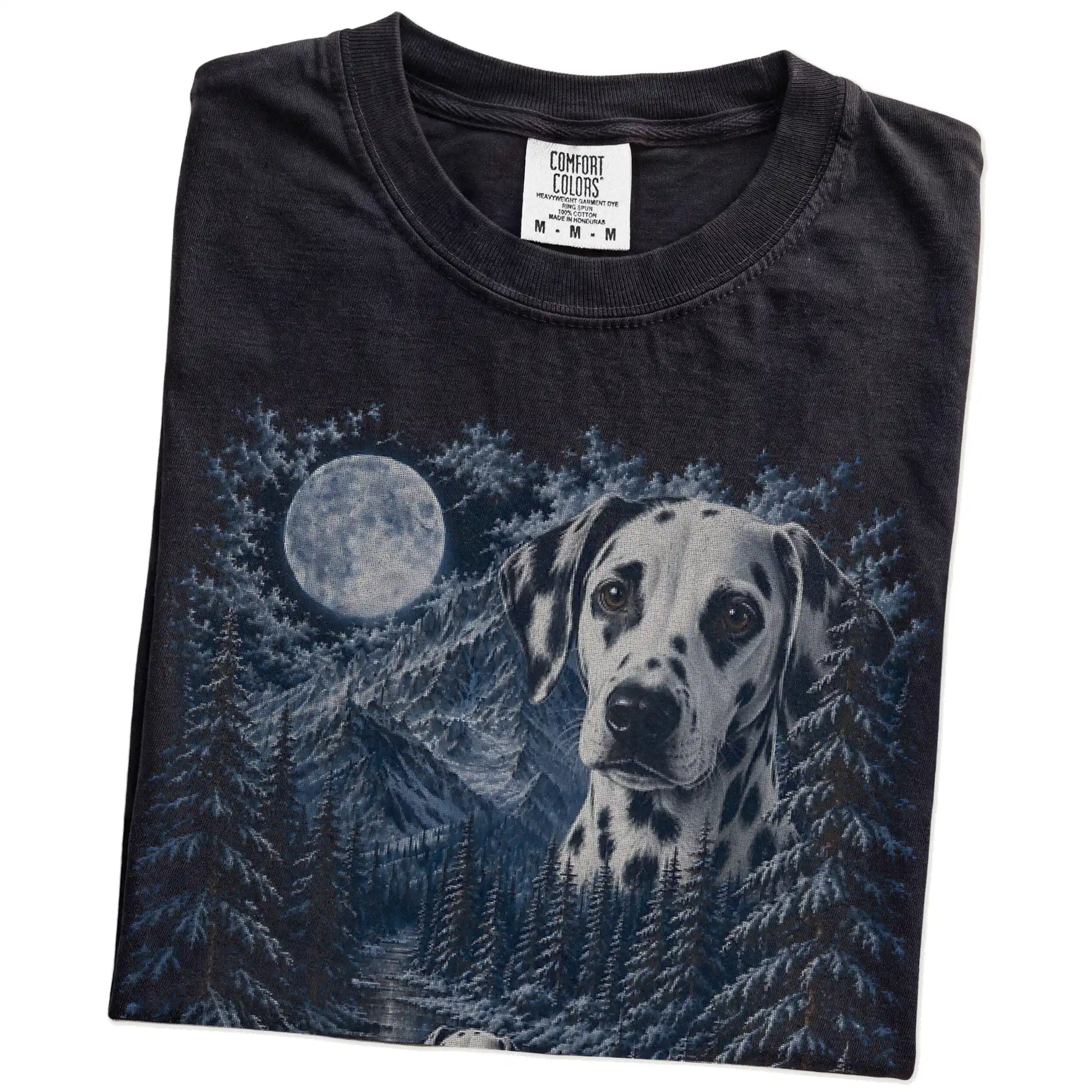 Folded Black Dalmatian winter forest t-shirt