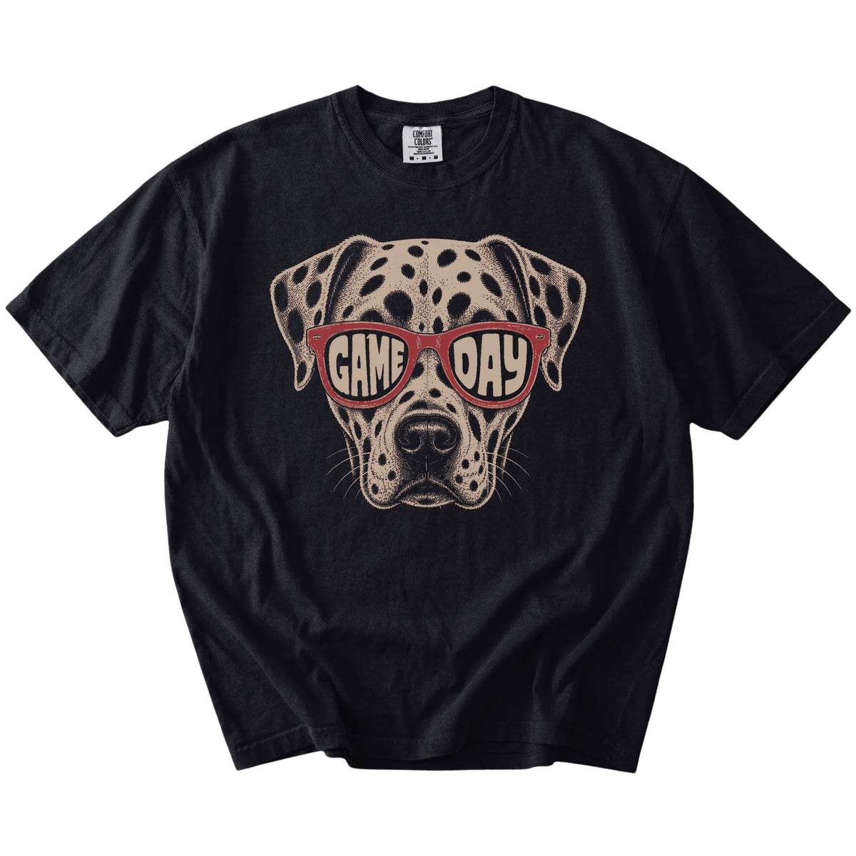 Dalmatian wearing red Game Day sunglasses on a Black Comfort Colors® T-shirt