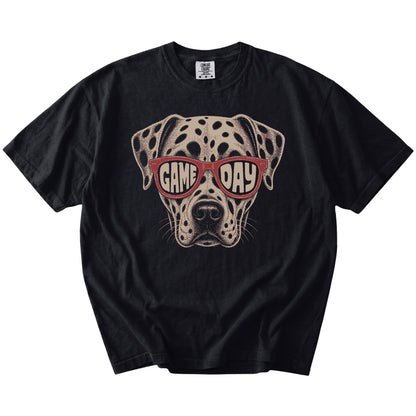 Dalmatian wearing red Game Day sunglasses on a Black Comfort Colors® T-shirt