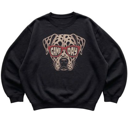 Black Dalmatian Game Day Sunglasses sweatshirt, laid flat