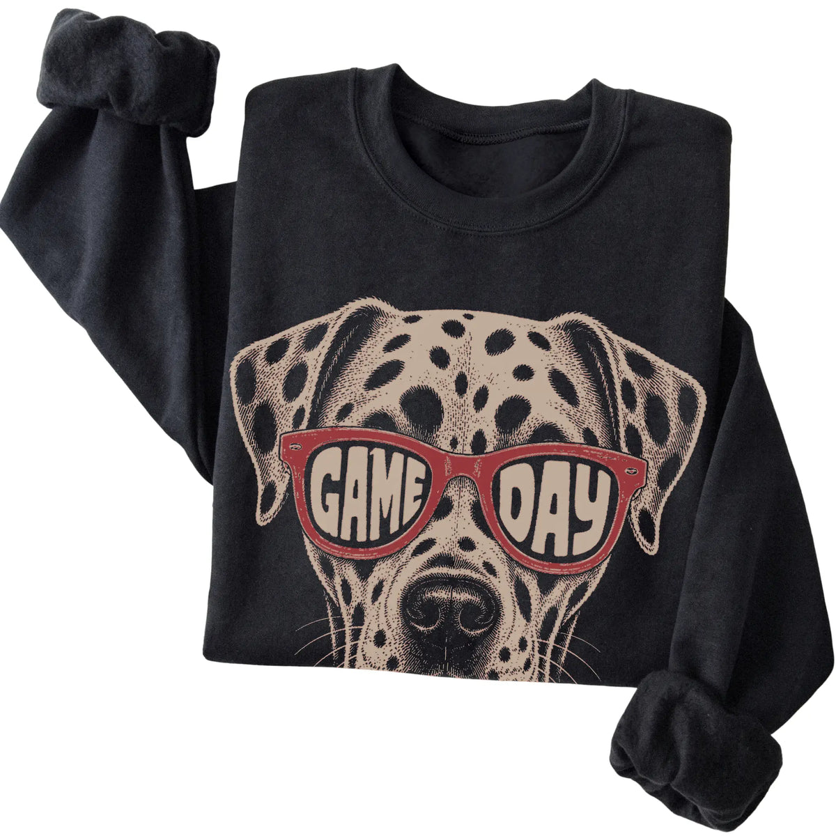 Black Dalmatian Game Day Sunglasses sweatshirt, folded