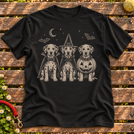 Dalmatian Halloween Costume on a Black T-shirt, shown flat